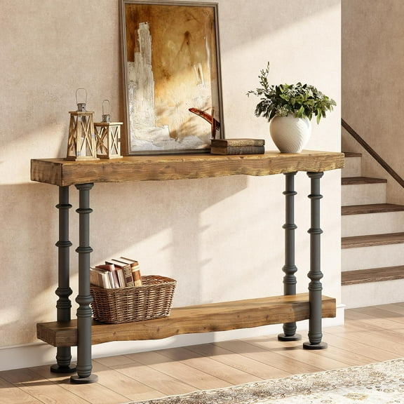 55-Inch Solid Wood Console Table, Long Industrial Entryway Table with Shelf