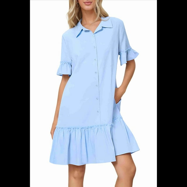 Vestido Camisero de Verano para Mujer, Informal, con Mangas con Volantes, Corte Recto, Minivestido con Bolsillos, Azul , Talla XL