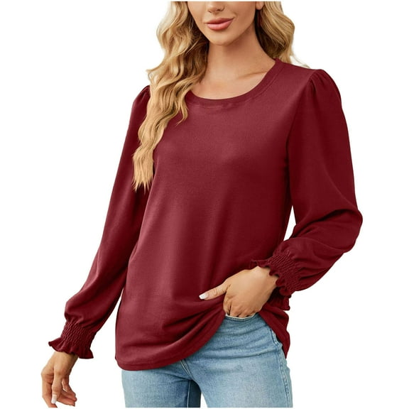 Diufon Fall Tunics for Women Round Neck Puff Ruffle Long Sleeve Tops Casual Solid Color Blouses