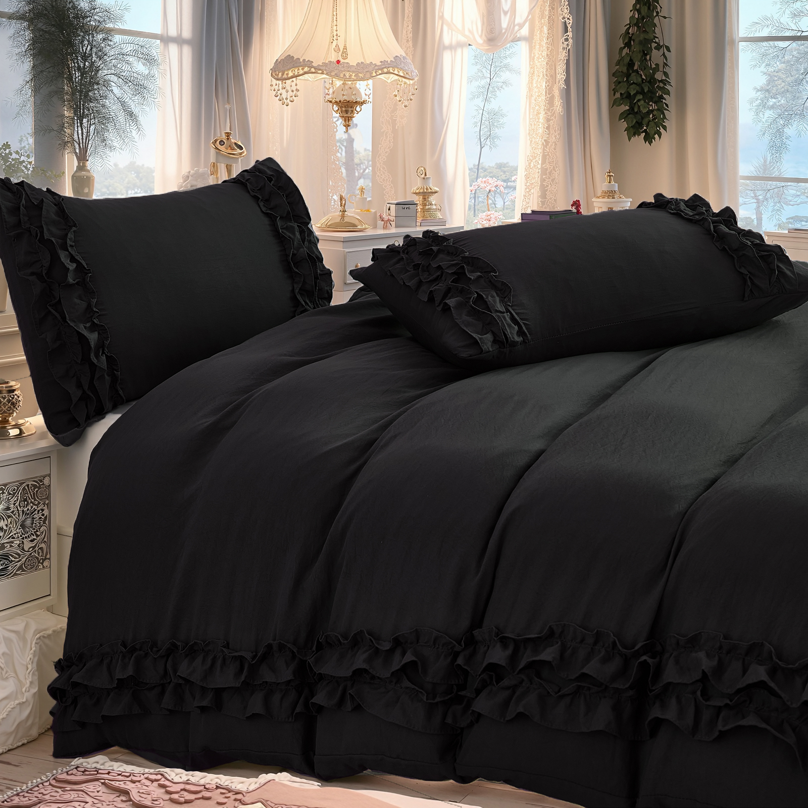 Boho Ruffled Comforter Set Super Soft Cozy Bedding Set with Pillowcases Elegant Chic Bedroom Decor Rustic Farmhouse Quilt Comforter 3 Pcs Set