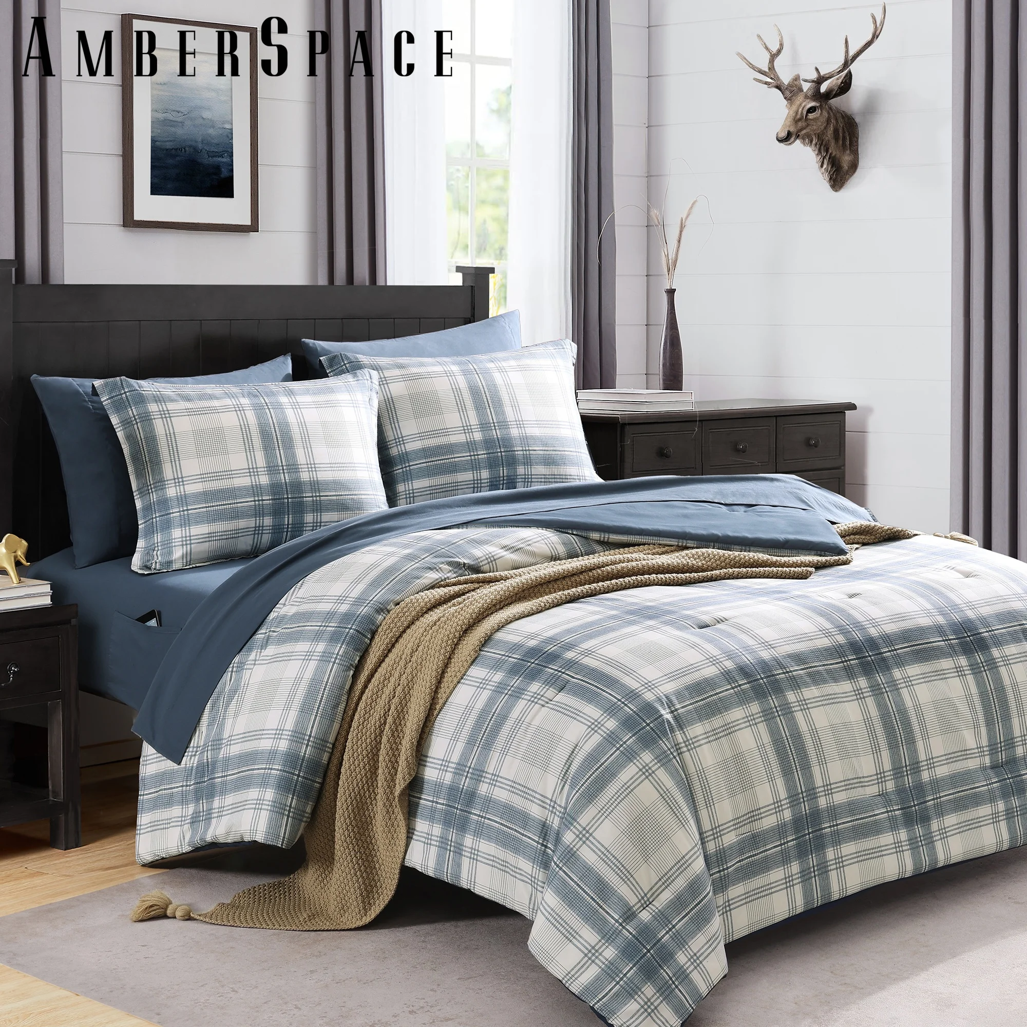Amberspace Reversible Checkered 5-piece Bed in a Bag Comforter Set with Sheets,Blue Grey,Twin XL