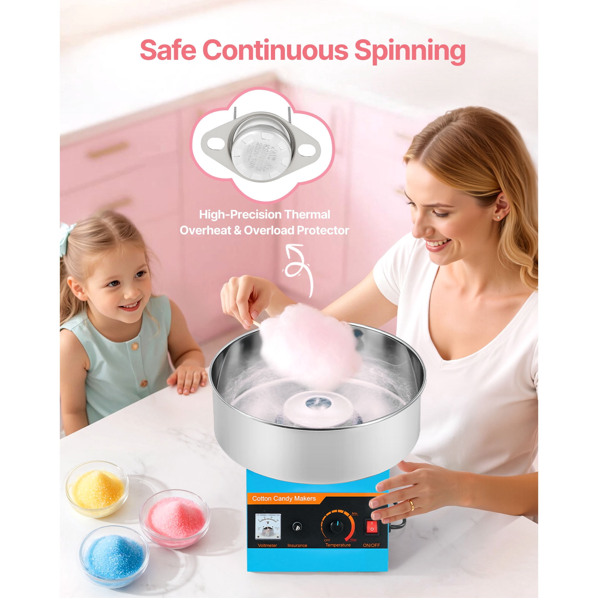 KFFKFF Commercial Cotton Candy Machine, 1000W Electric Floss Maker with 15-Inch Stainless Steel Bowl and Sugar Scoop, Suitable for Hard Candy, Perfect for Home, Kids' Birthdays, and Family Gatherings