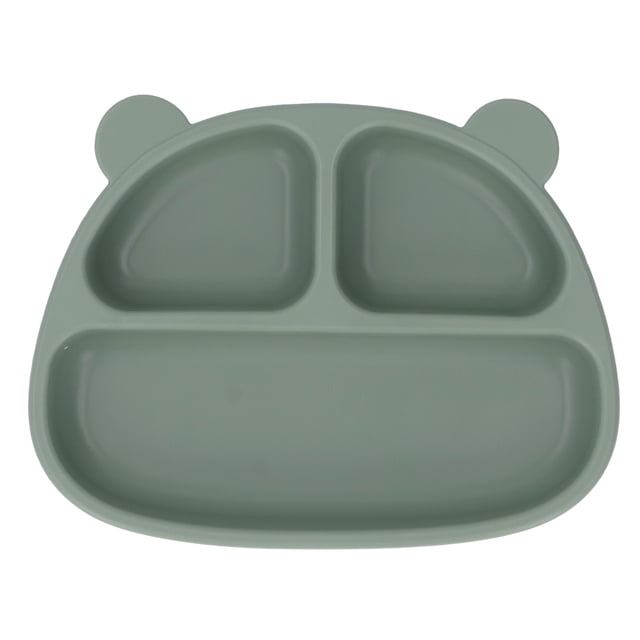 Plato de silicona suave para niños pequeños, para el hogar, el comedor, con forma de oso de dibujos animados, plato de succión para bebés, para refrigerios, fruta, color verde oliva, plato individual