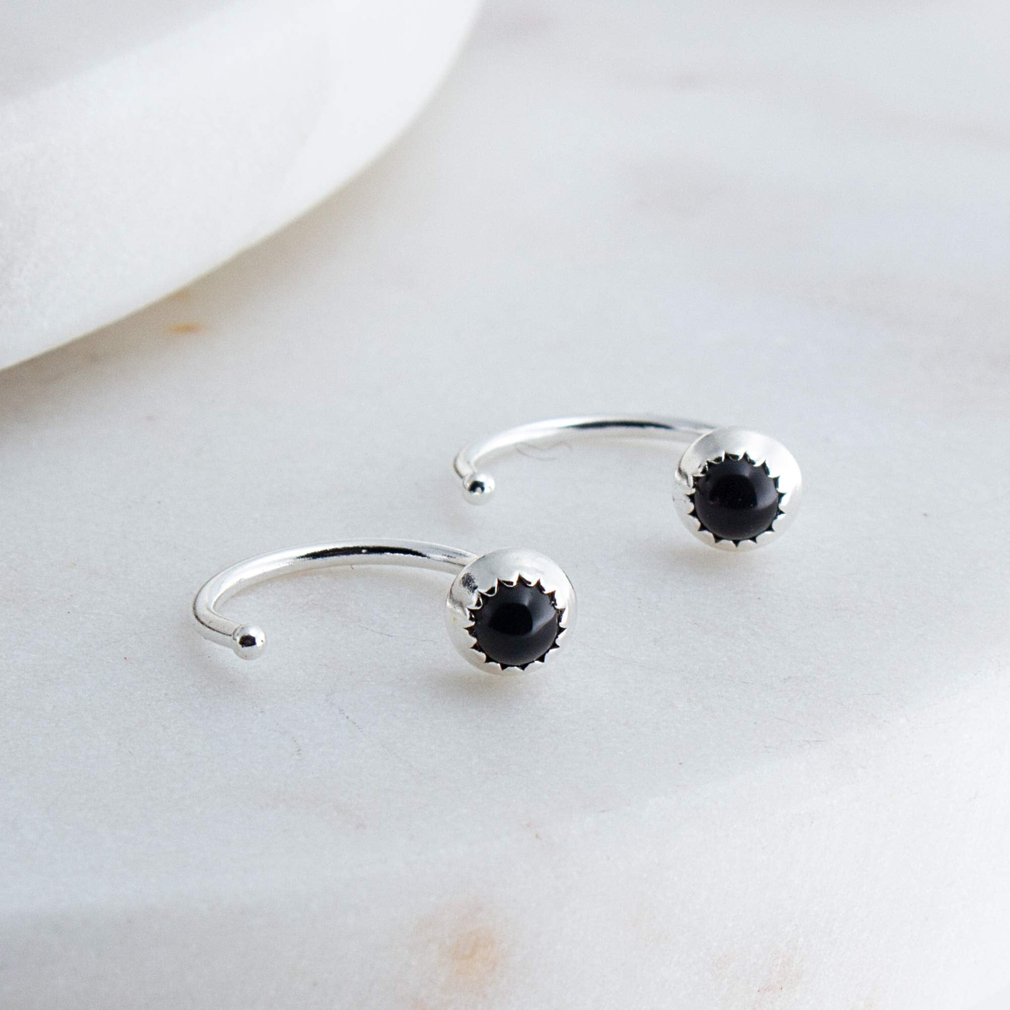 Half Huggie Silver Hoop Earrings for Women Tiny Cartilage Birthstone Stud Piercing Earring Hypoallergenic Screw Back Dainty Cartilage Hoops (Black Onyx 3mm / 20 gauge)