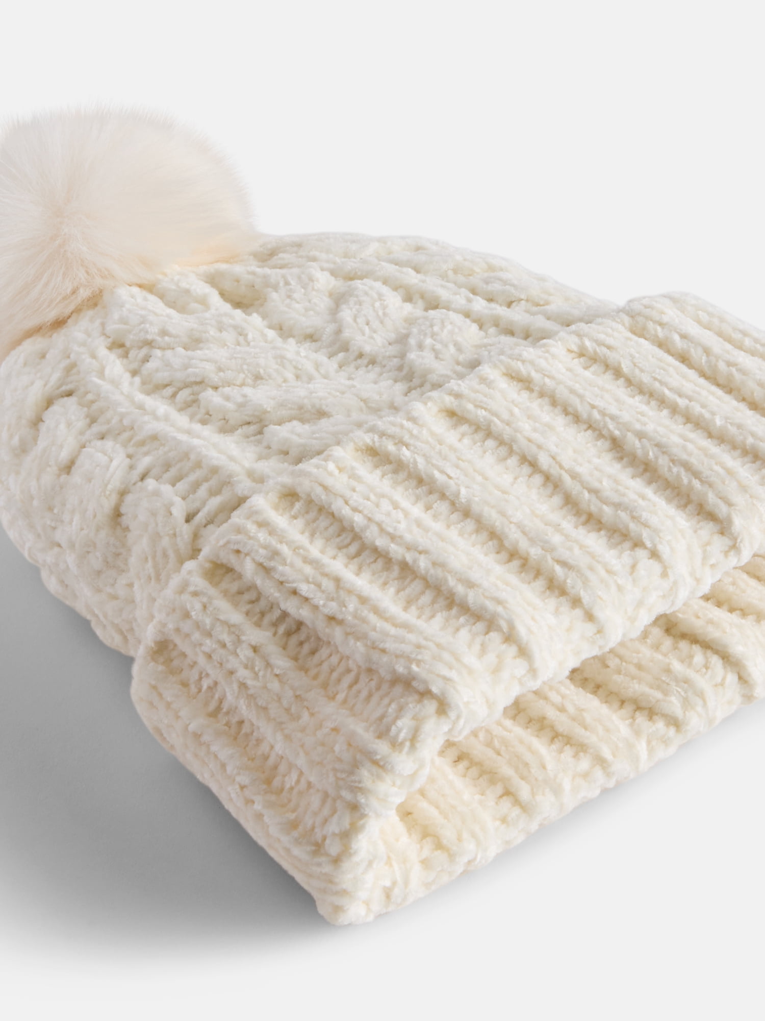MNYC Women's 2 PC Cable Knit Chenille Beanie w/ Matching Gloves, Ivory