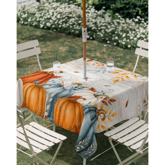 Outdoor Tablecloth with Umbrella Hole, Thanksgiving Pumpkin Fall Leaf Zippered Table Cloth for Rectangle Tables, Rustic Plant Wood Board Washable Waterproof Tablecloths for Picnic Patio Garden