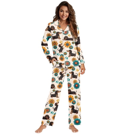 KUIFORTI Dachshund Print Women s Notch Collar 2 Piece Loungewear Set Comfort Fabric For All Season Daily Wear Gift Giving Suitable For Pet Fans And Comfortable Casual Leisure