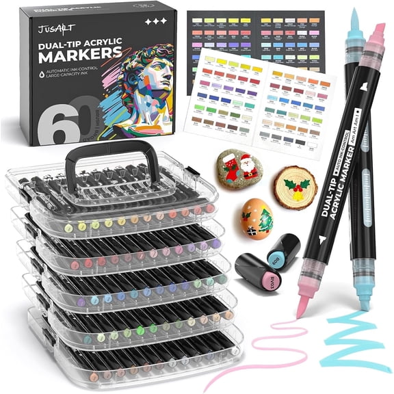 JusArt Automatic Ink Control Acrylic Paint Markers,60 Colors Dual Tip with Broad Tip and Brush Tip Pens for Ceramic, Wood, Canvas, Glass, Stone, Fabric, Rock Painting, DIY Crafts Art Supplies Kit