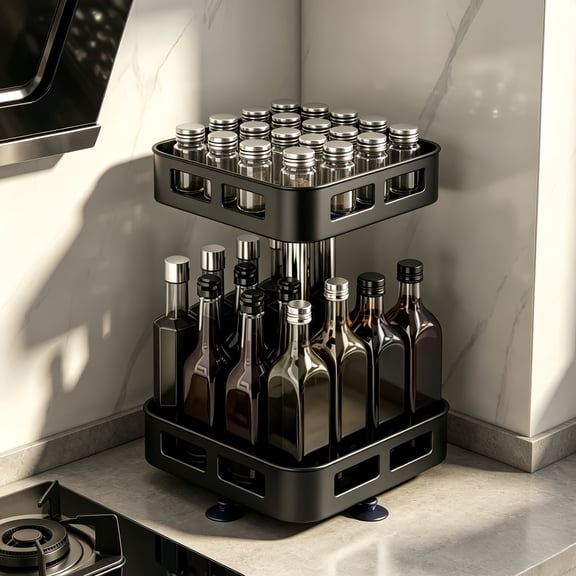 2 Tier Black Square Lazy Susan Spice Organizer, 360 Degree Swivel Kitchen Seasoning Storage Rack, Suction Cup Base Detachable Condiment Bottle Caddy for Stovetop Counter Pantry Cabinet Spice Jars