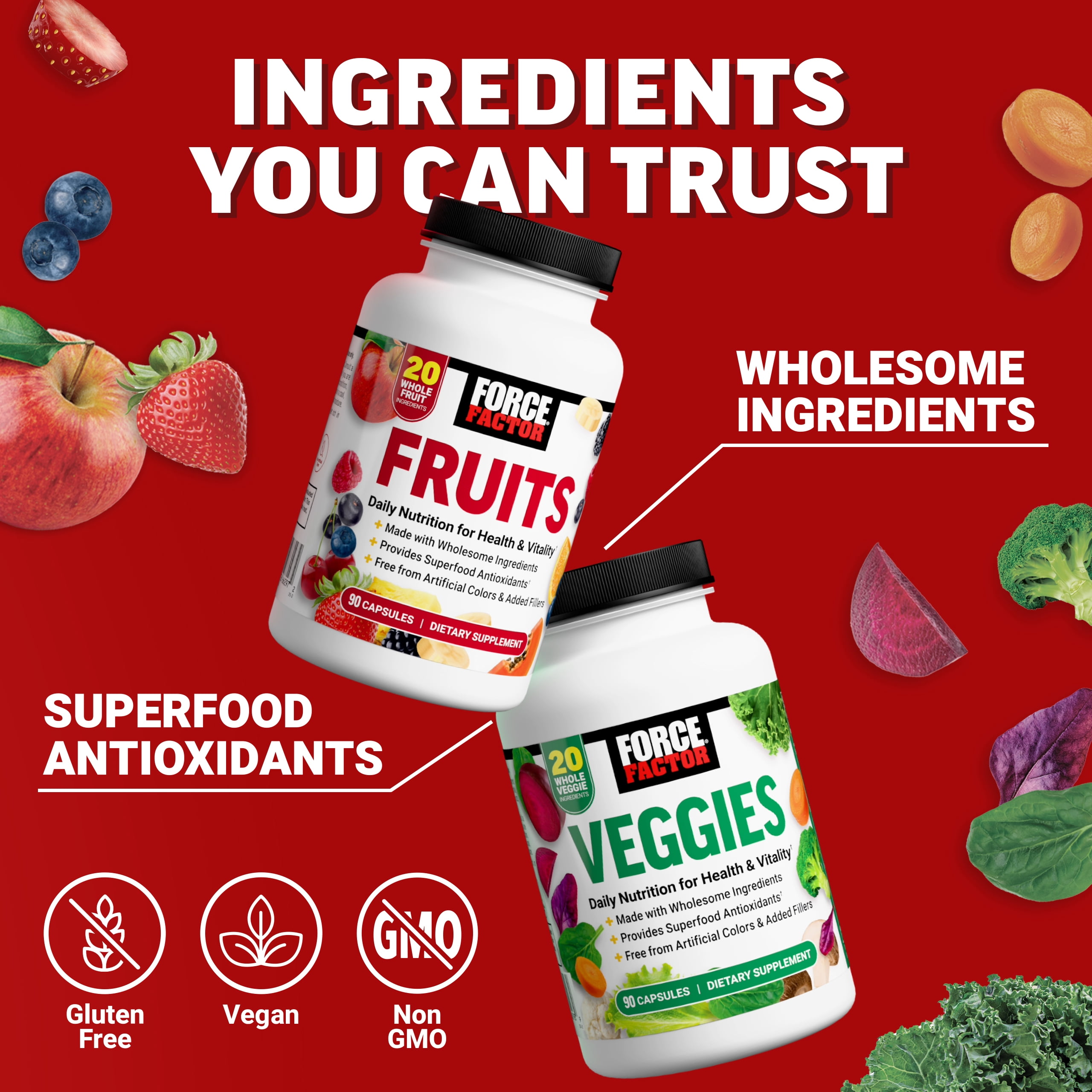 (3 pack) Force Factor Fruits & Veggies, Fruit & Vegetables Supplements for Adults, Whole Food Ingredients & Antioxidants, No Fillers, 2-Pack, 90 Capsules Each