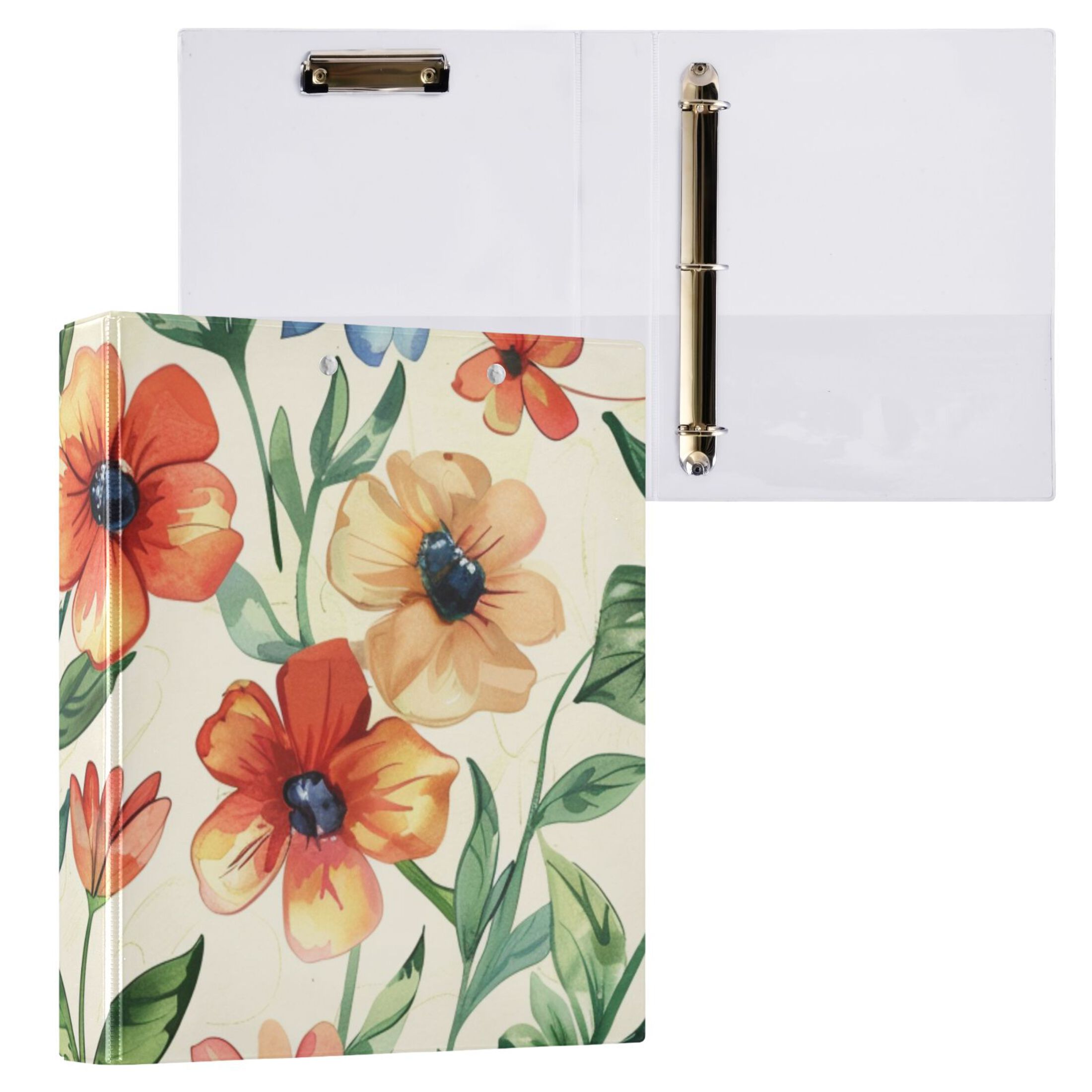 Flowers with Leaves 3 Ring Binders 1.5 inch Hardcover File Folders with Interior Pockets A4 Size Organizer for School Office Hospital