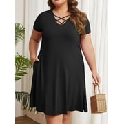 Cuteduck Womens Plus Size Dress Criss Cross V Neck Short Sleeve Summer Casual Dress 1X-5X