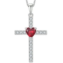 VESITIM Cross Necklace 925 Sterling Silver Religious Pendant for Women Heart Shaped Created Ruby July Birthstone Jewelry Gifts