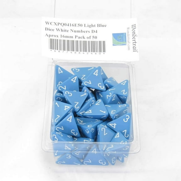 Light Blue Opaque Dice with White Numbers D4 Aprox 16mm (5/8in) Pack of 50 Wondertrail