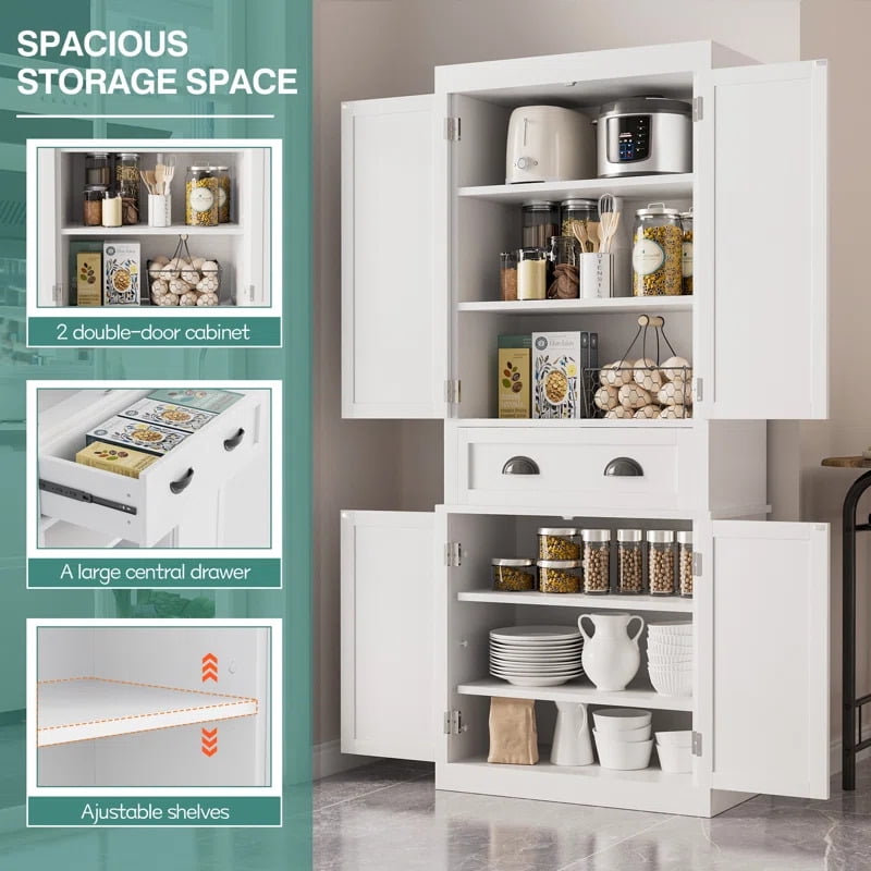 Lacoo 72'' Tall Pantry Cabinet with 4 Doors, Adjustable Shelves & Large Drawer, Storage Cabinet for Kitchen, Dinging Room, Living Room, White