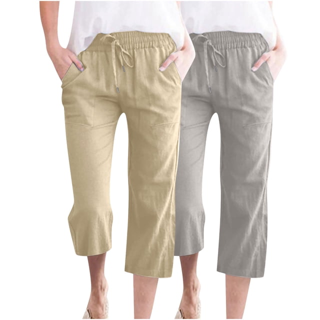 aidice 2pc Summer Pants for Women Cotton Linen Lightweight Casual Loose Solid Color Capri Pants Pockets