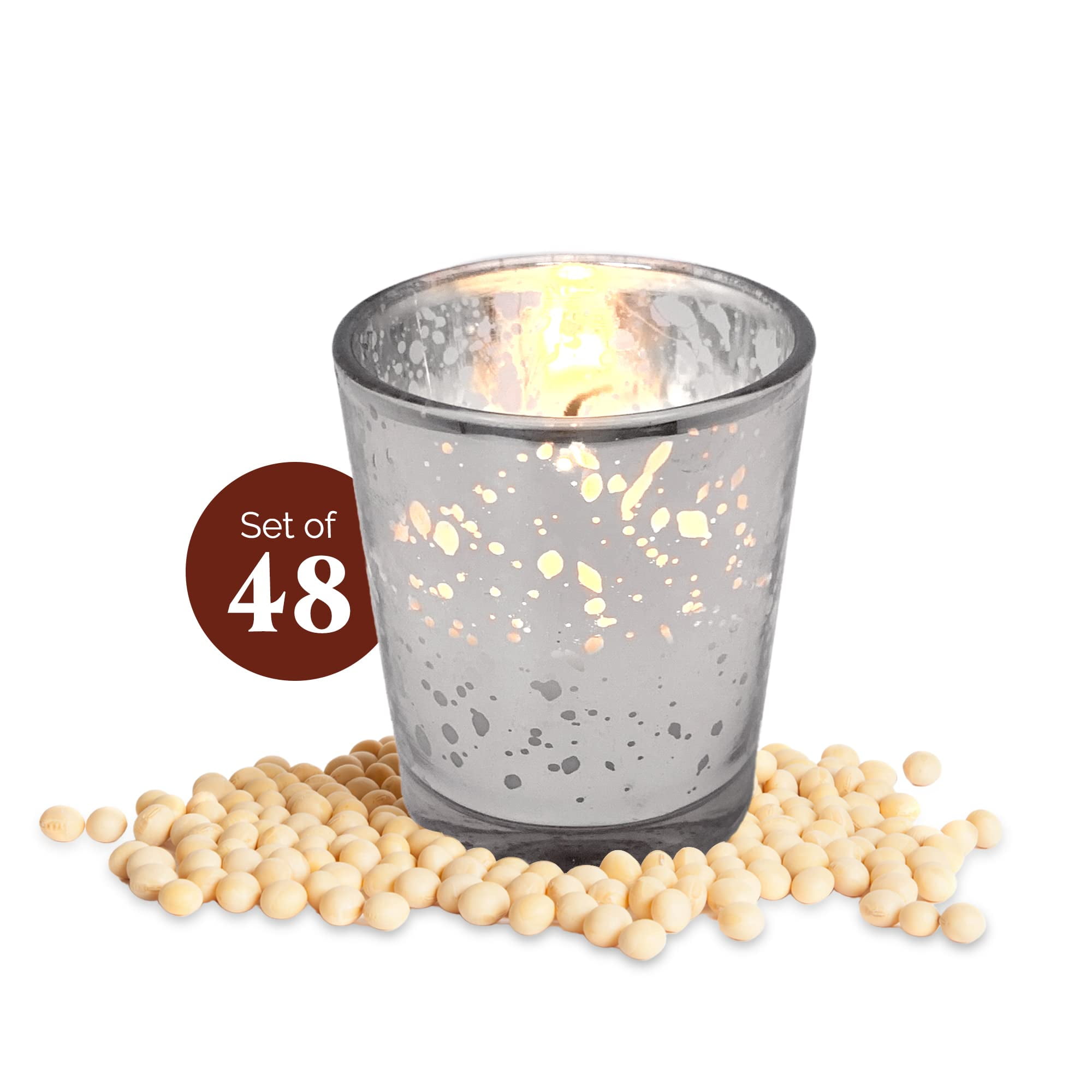 SLS SUPPLY FLORA - Mercury Glass Votive Candles Set of 48 - Small Candles in Candle Jars Decorative Candles for Wedding Favors Gifts or Home Decor Soy Wax, 8-10 Hour Burn Time - Silver