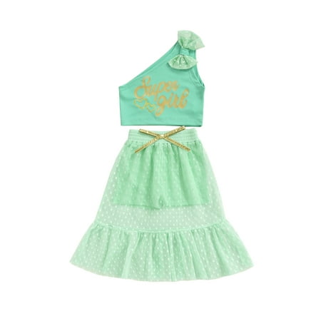 

Nokpsedcb Toddler Kid Girl 2PCS Set Summer One Shoulder Bowknot Letter Crop Top Dots Ruffle Mesh Flared Skirt Green 4-5 Years