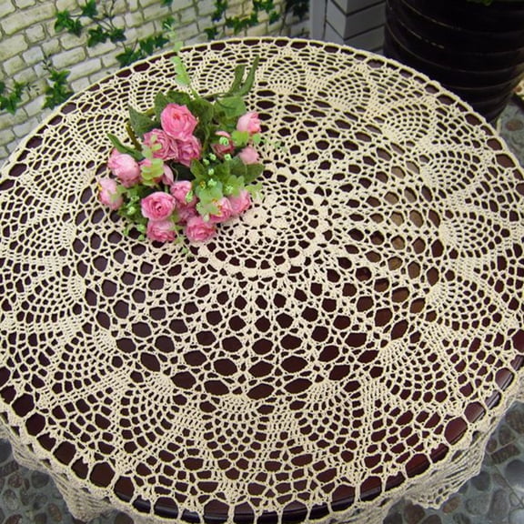Travelwant Handmade Crochet Cotton Tablecloth Round Beige Crochet Tablecloths for Wedding