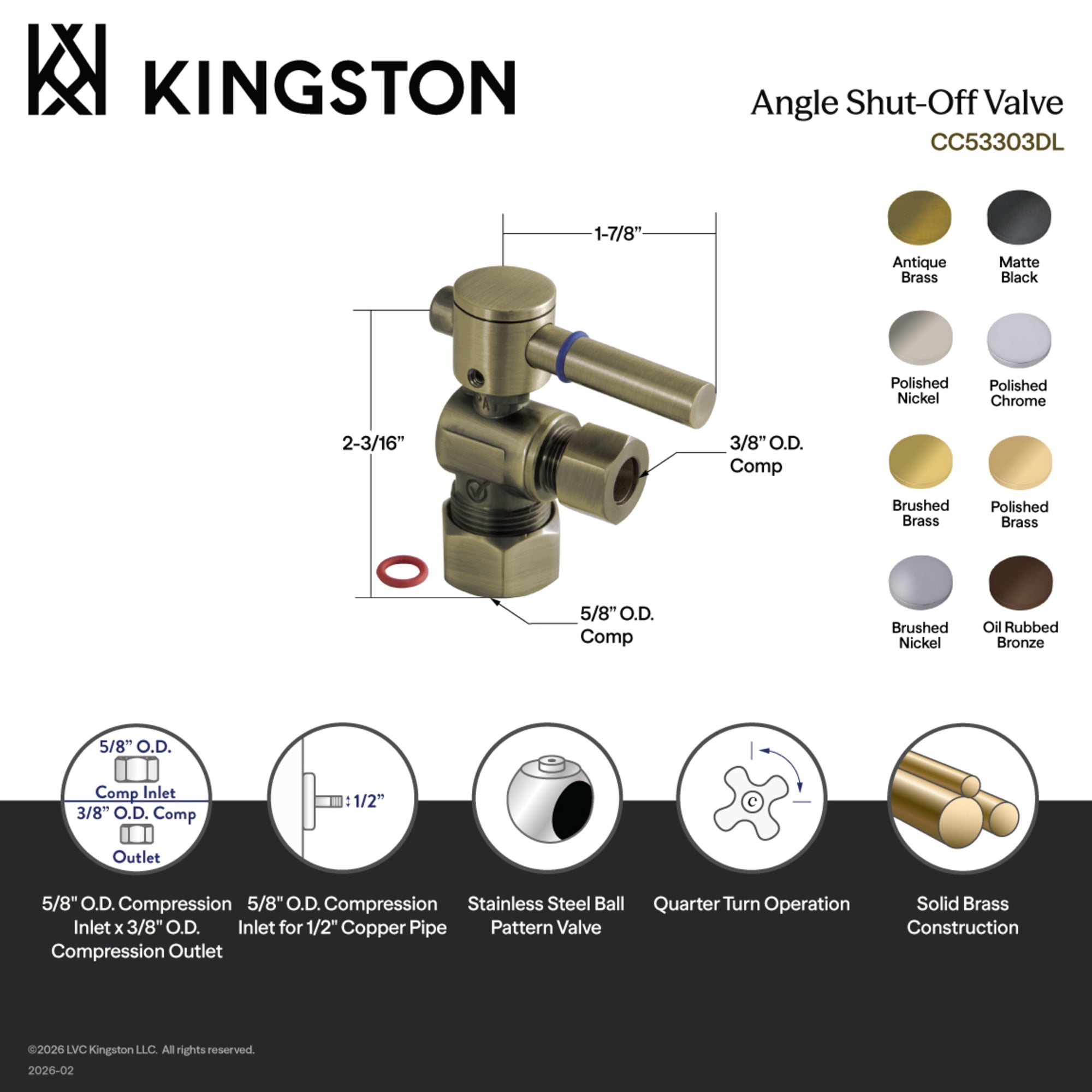 Kingston Brass CC53305DL 5/8-Inch O.D. Comp x 3/8-Inch O.D. Comp Quarter-Turn Angle Shut-Off Valve in Oil Rubbed Bronze