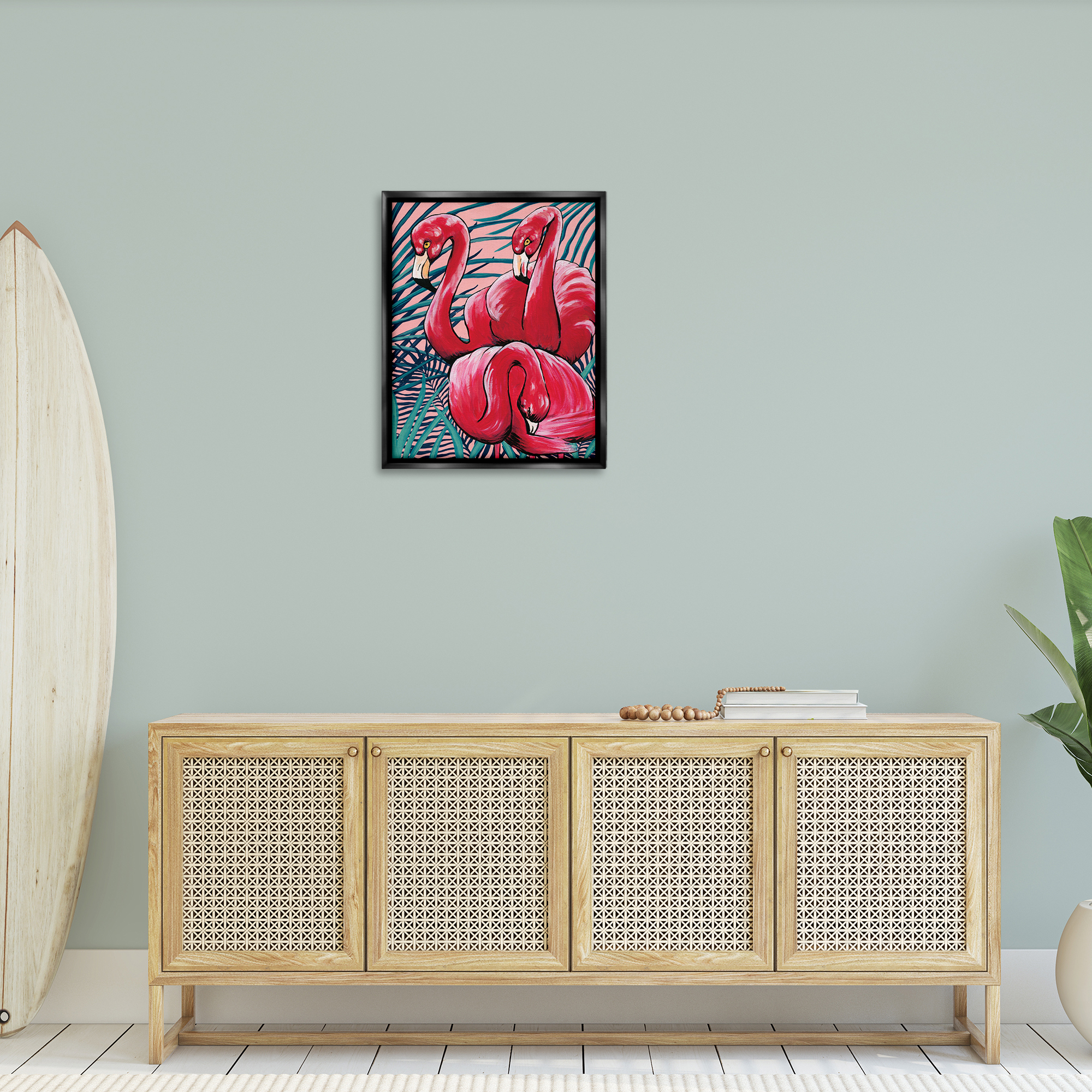 Stupell Industries Tropical Paradise Flamingos Animals Painting Black Floater Framed Canvas Art Print Wall Art, 25 x 31