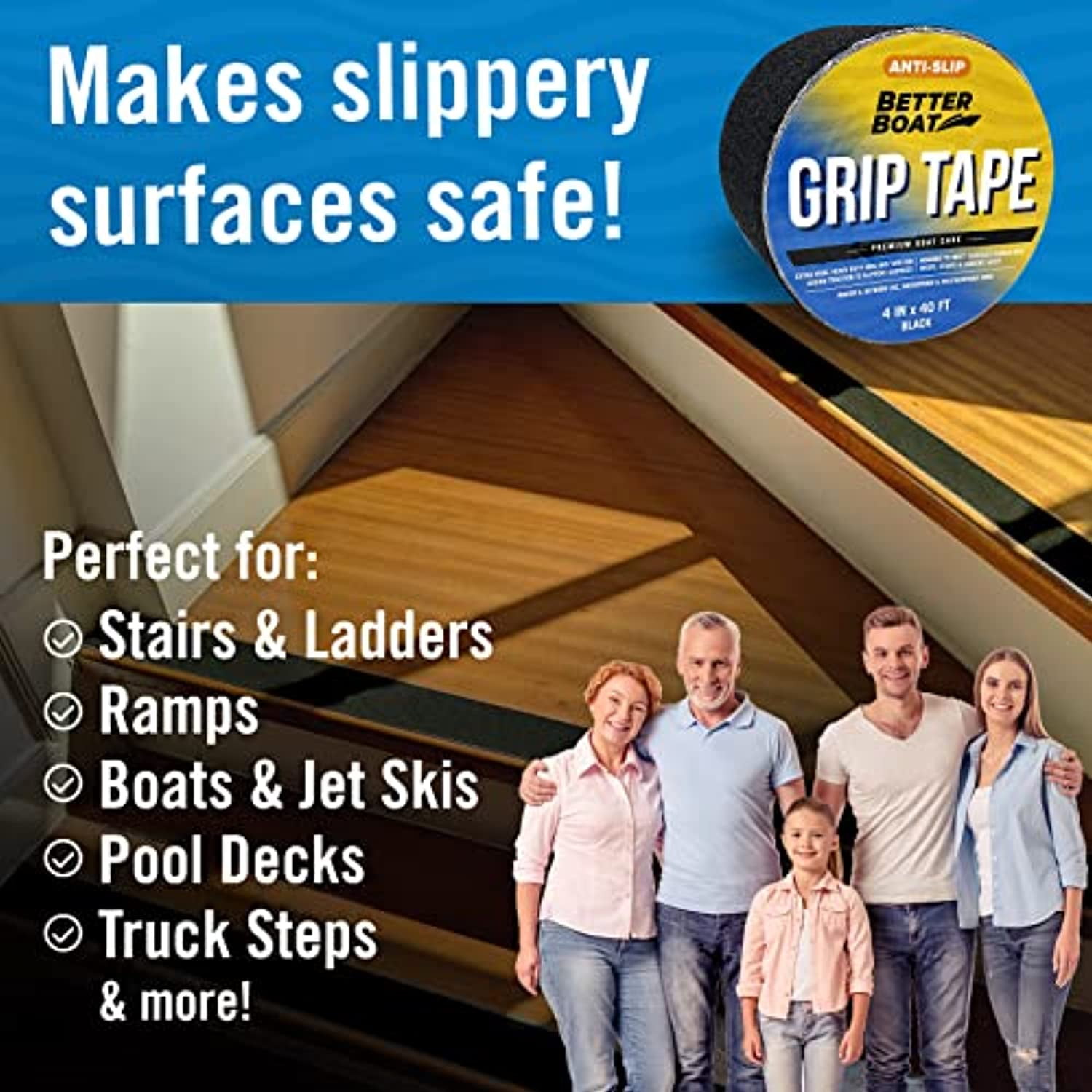 Better Boat Anti Slip Outdoor Stair Treads, Waterproof Non-Skid Grip, 4 Inch x 40 Foot Roll, Black