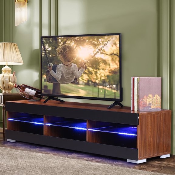 Hommpa 57'' TV Stands for TVs up to 65" with LED Lights Media Console Table Gaming Entertainment Center LED TV Cabinet with Glasss Open Shelf