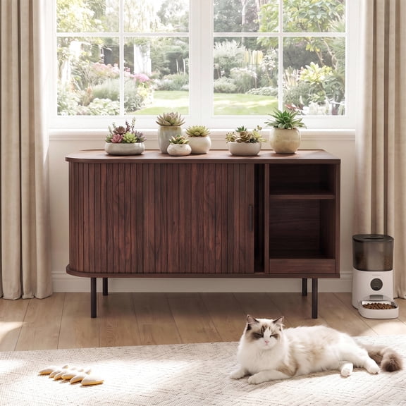 Naipo Cat Litter Box Enclosure with Sliding Tambour Door, 37.4" Hidden Litter Box Furniture, Wood Cat Litter Box Cabinet with Mat & Waterproof Pad, Rustic Brown
