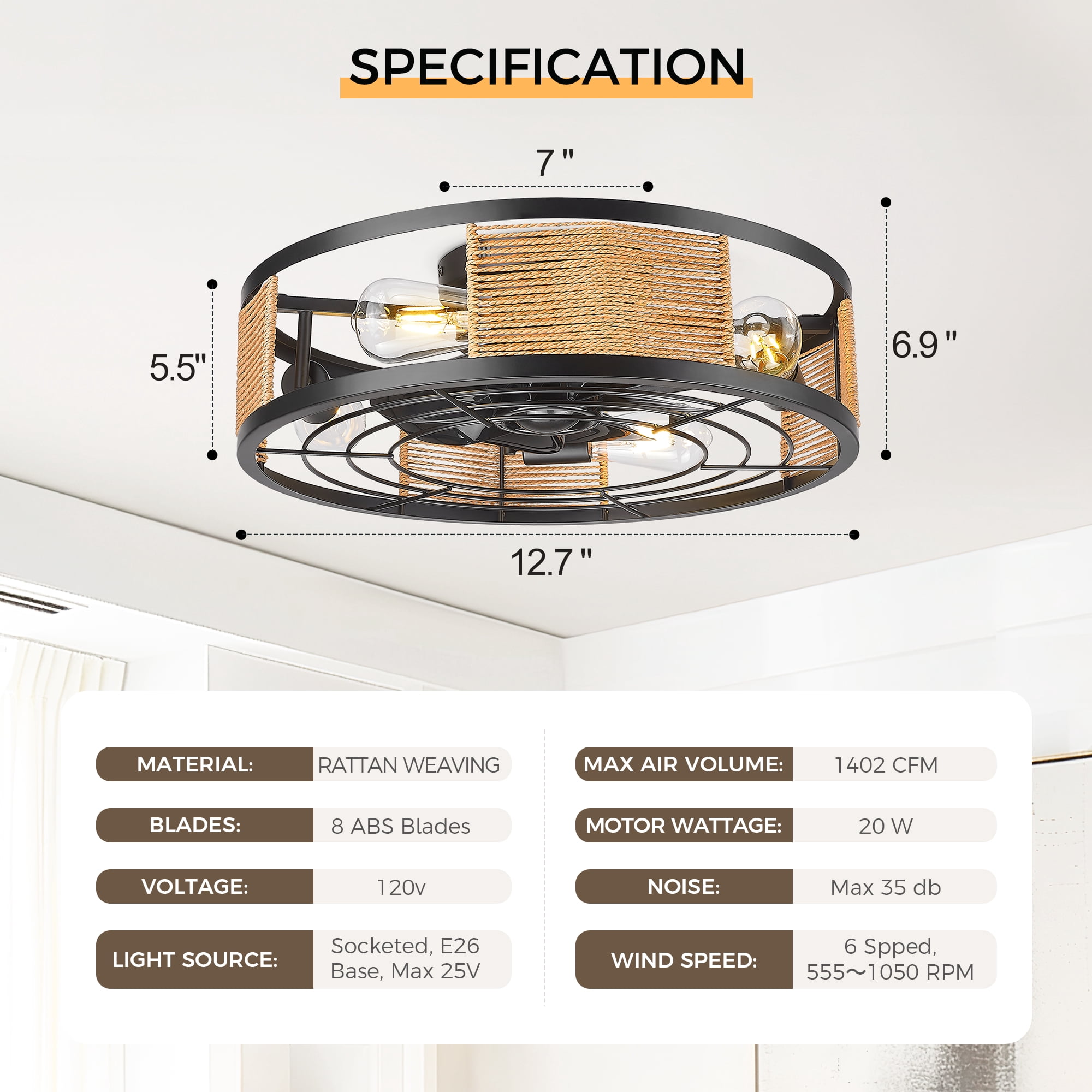 Ltmate 20 in. Indoor Black 100-240 V with Remote Control Rattan Cage Ceiling Fan with Light
