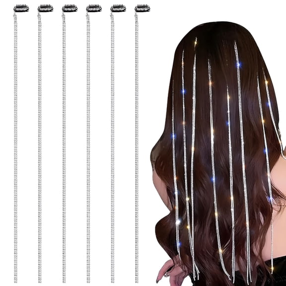 TUWAFE 6 Pack Rhinestone Hair Chains Women Tassel Clips Crystal Extension Silver Bling