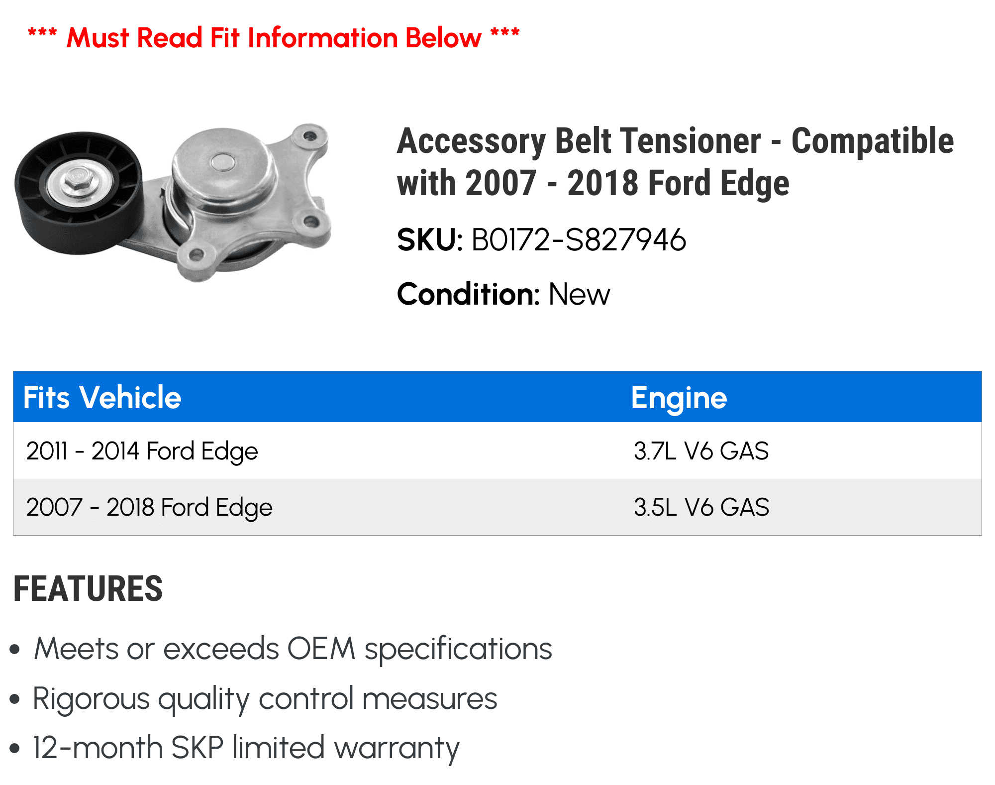 Accessory Belt Tensioner - Compatible with 2007 - 2018 Ford Edge 2008 2009 2010 2011 2012 2013 2014 2015 2016 2017