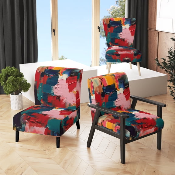 Designart "Cubist Fusion Red Teal Abstraction" Red Cubism Upholstered Accent Chair - Modern Arm Chair For Living Room