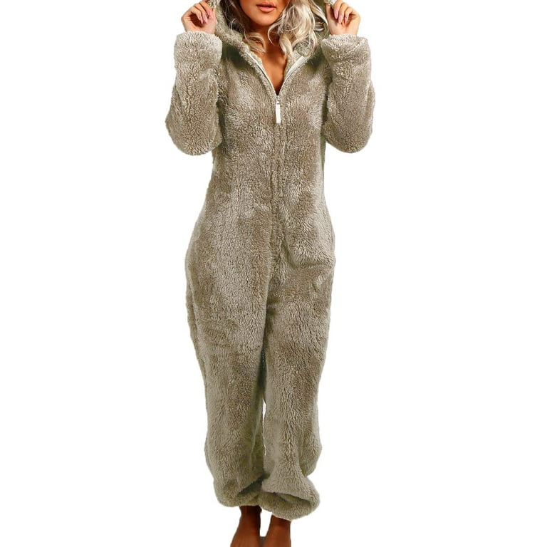 Pajamas for Women Plush Hooded Jumpsuit Casual Winter Warm Long Sleeve  Fleece Cute Bear Ear Cap Romper Sleepwear