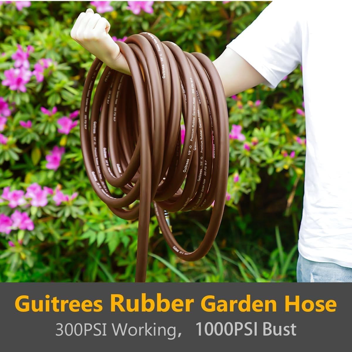 Guitrees Garden Hose 25FT x 3/4", Heavy Duty Rubber Hose, Water Hose with Five Layered Braiding, Male to Female Fittings, 1000PSI Burst, 200PSI Working (Brown)