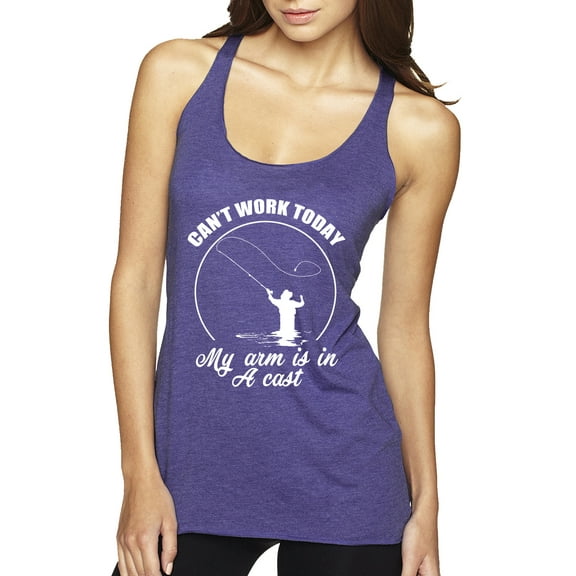 Wild Bobby, Can't Work Today My Arm Is In A Cast, Fishing, Women Tri-Blend Racerback Tank Top, Purple Rush, Small