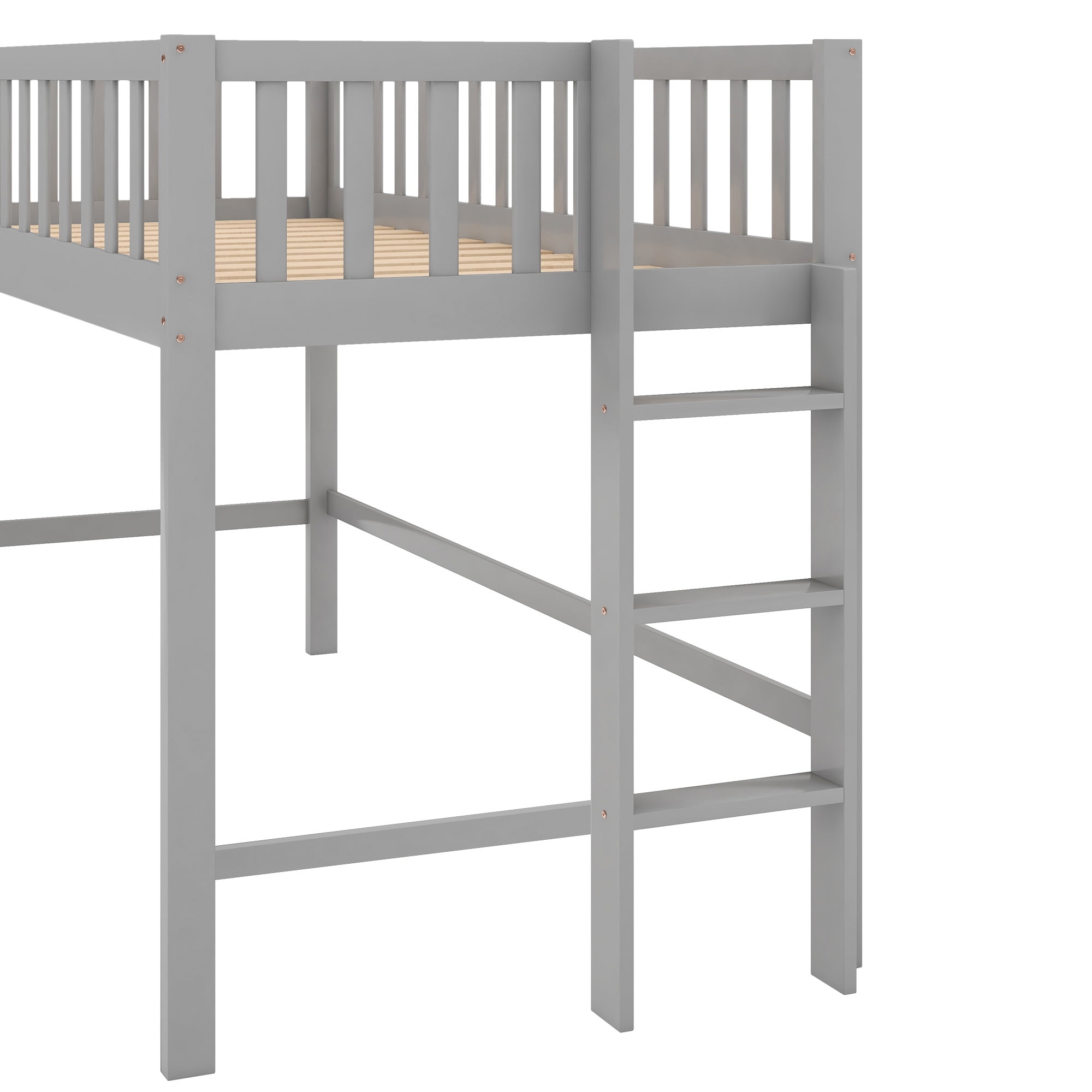 MAYEERTY Twin Size Low Loft Bed with Ladder and Slide, Gray