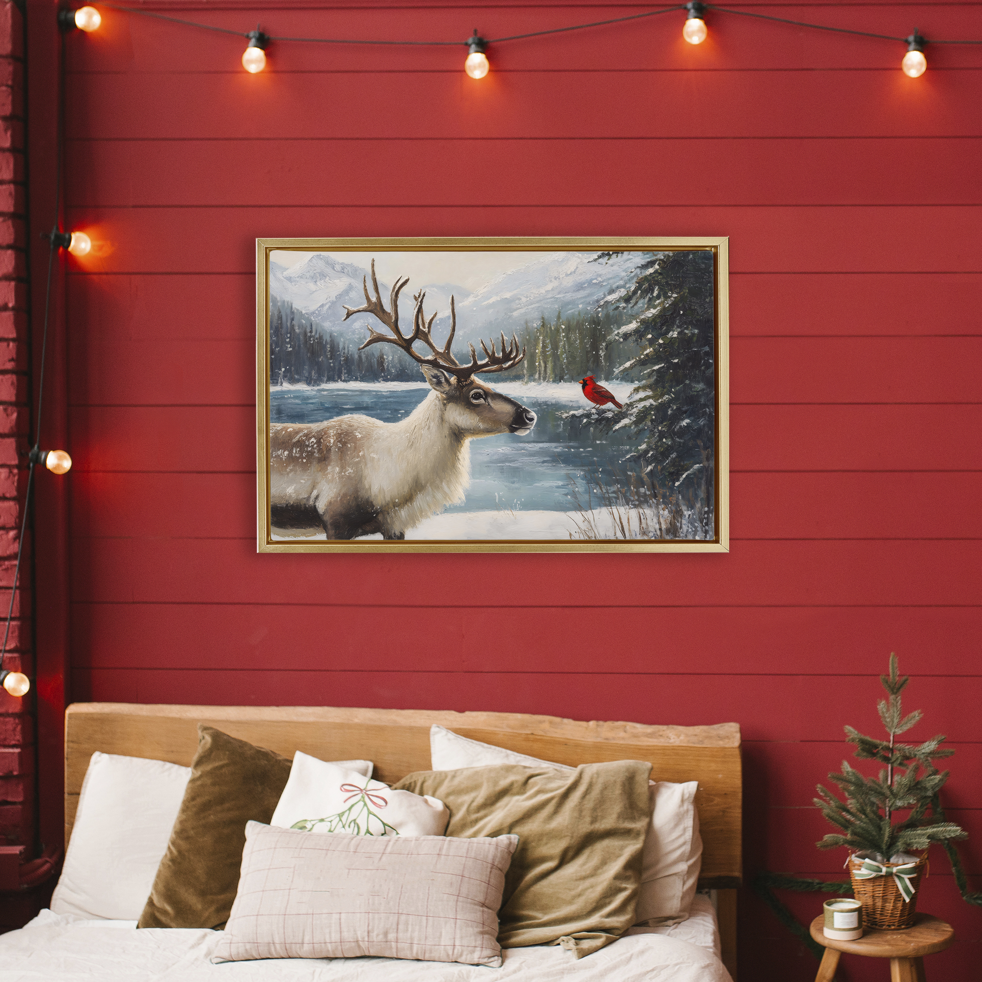 Christmas Conversation In Wild Gold Framed Floater Canvas Wall Art, design by Petal Prints Design