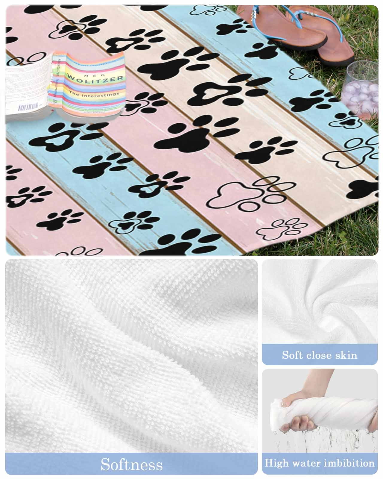 Pink Blue Paw Print Beach Towels Oversized Super Absorbent, Vintage Farmhouse Rustic Wooden Grain Lightweight Bath Towel Quick Dry Sets For Bathroom/Pool/Rv Camping/Beach Play/Gym Room/Picnic 35"x70"