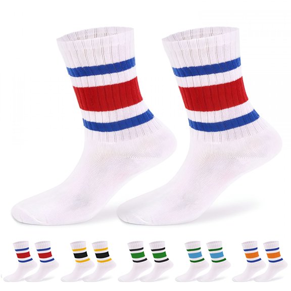 TELOLY 2 Pairs Fun Novelty Retro Striped Crew Socks For Women Sporty Calf Casual Cotton Tube Socks Women Men (Blue Red)
