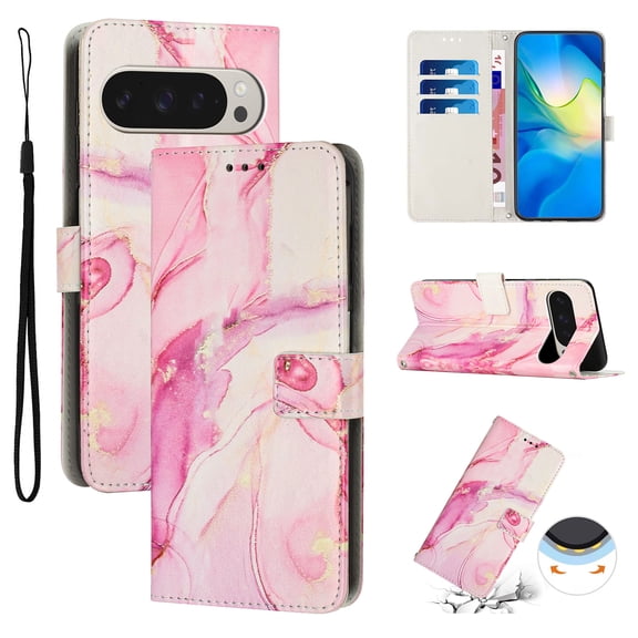 for Google Pixel 9 / 9 Pro Wallet Case with Card Holder,Women Men RFID Blocking PU Leather Flip Cover Wrist Strap Magnetic Closure Credit Card Slots Marble Patterned Book Style Phone Case,Rosegold