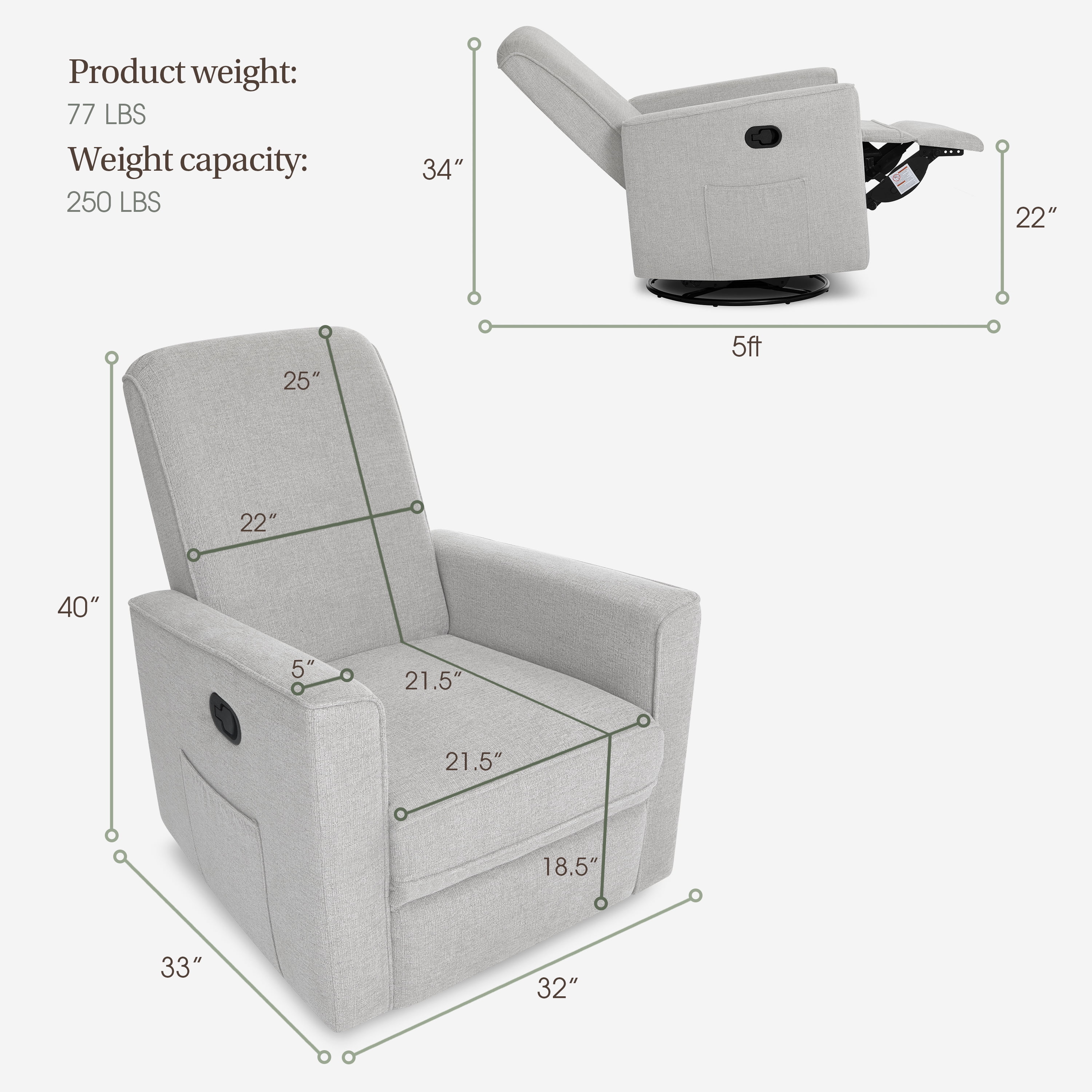 Evolur Raleigh Basic Glider |Recliner| Rocker, Soft Pebble