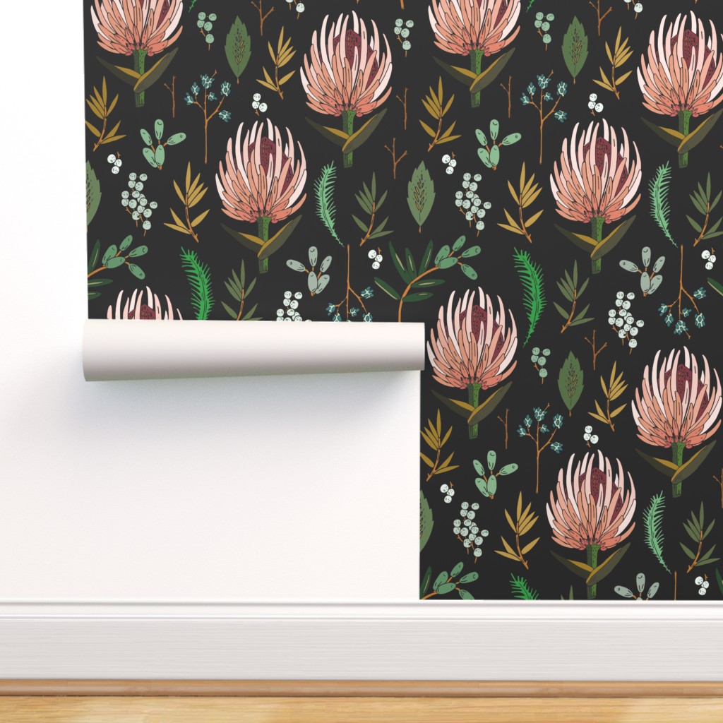 Removable Wallpaper Black Floral Peel-and-Stick Removable Wallpaper Protea, Botanical, Floral, Study