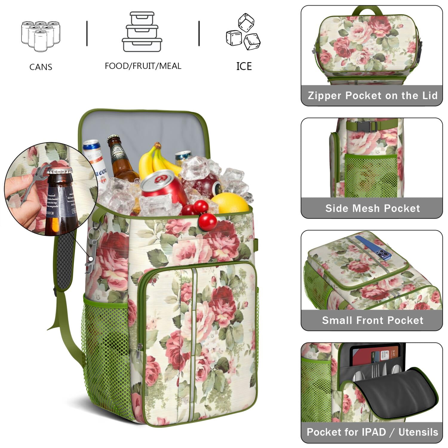 Travel Cooler Bag - Pioneer Flower Floral Print Pattern Camping Beer Cooler Backpack with Bottle Opener- Waterproof Insulated Picnic Backpacks - Cooler Bag for Beach
