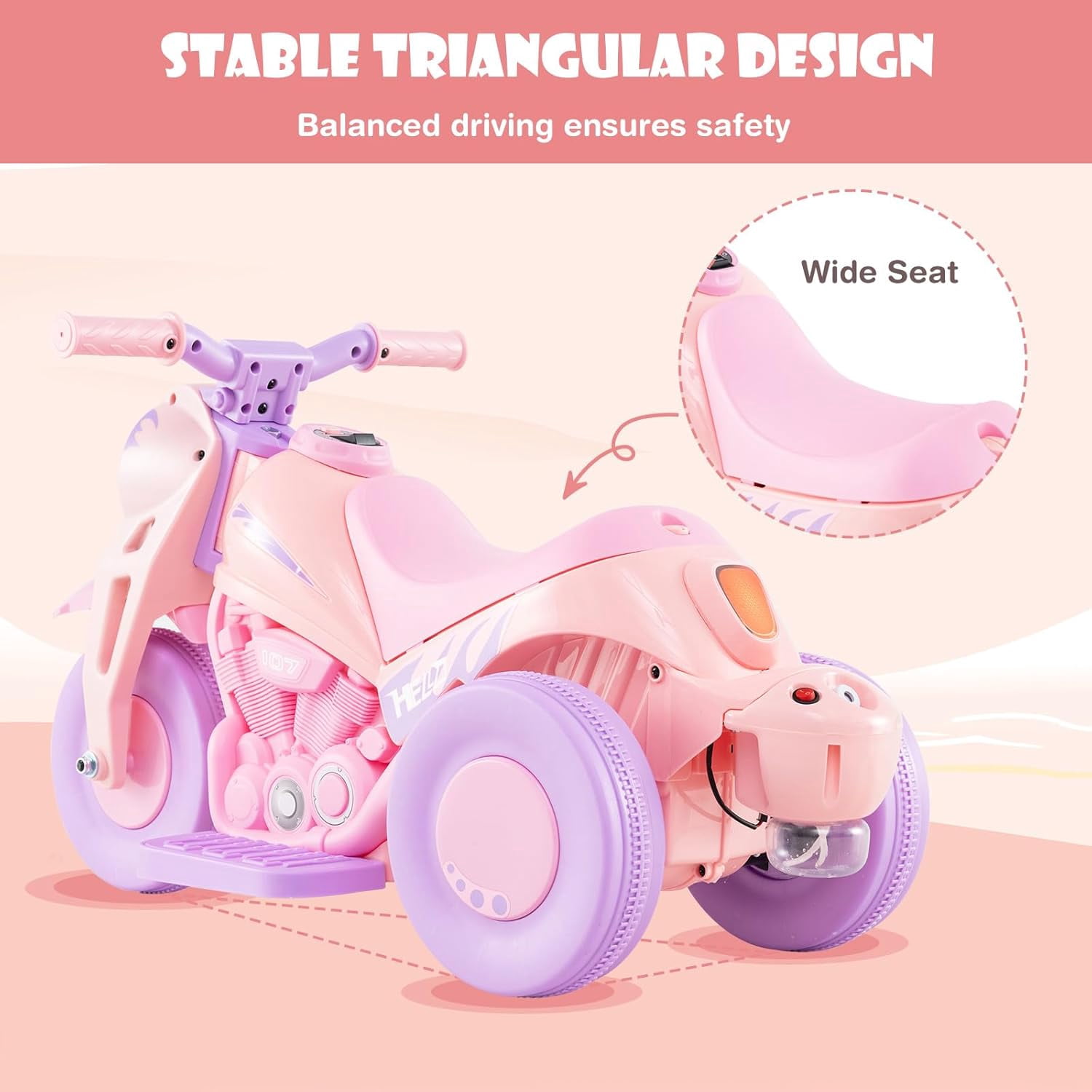 OLAKIDS Kids Motorcycle, 6V Electric Ride On Car with Automatic Bubble Function, Foot Pedal, Headlight, Music, 3 Anti-Skip Wheels Vehicle for Children, Toddler Ages 3+ (Violet)
