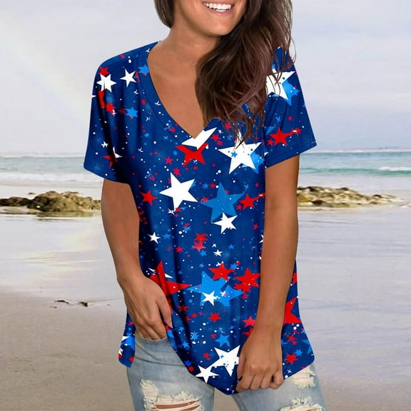Qetyuw Independence Day Shirts for Women Summer Patriotic Red White and Blue Print Tshirts Tunic Short Sleeve Tees V Neck Blouses Tops Work Tops for Women
