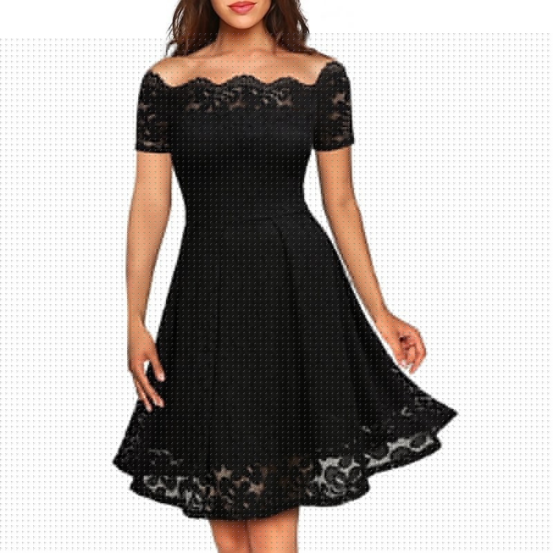 Black, variant on Women's Fashion Strapless Short Sleeve Lace Dress Party Dress