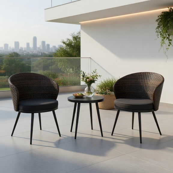 Resenkos 3-Piece Outdoor Rattan Bistro Set – 2 Stackable Chairs Tempered Glass Coffee Table with Gray Cushions, Brown PE Wicker & Steel Frame for Patio, Balcony or Indoor Use