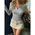 thumbnail image 4 of Women'S Long Sleeve Shirt Lapel V-Neck Slim Fit Ribbed Knit Fashion Skinny Grey XL, 4 of 8
