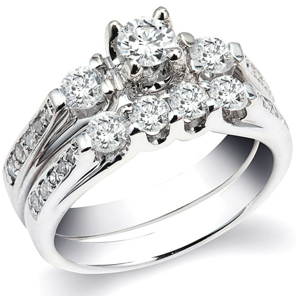 1.40 Carat (ctw) 14k White Gold Round Diamond Ladies Bridal Engagement Ring Set Matching Wedding Band
