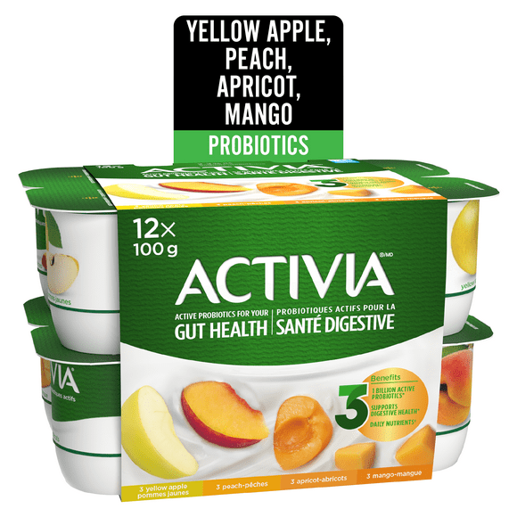Activia Probiotic Yogurt, Yellow Apple/Apricot/Mango/Peach, 12 x 100 g
